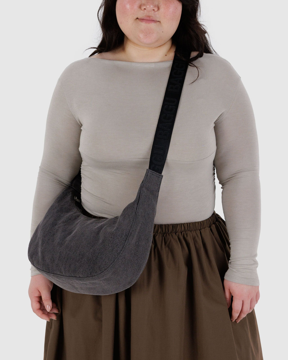 Medium Denim Crescent Bag - Washed Black Denim